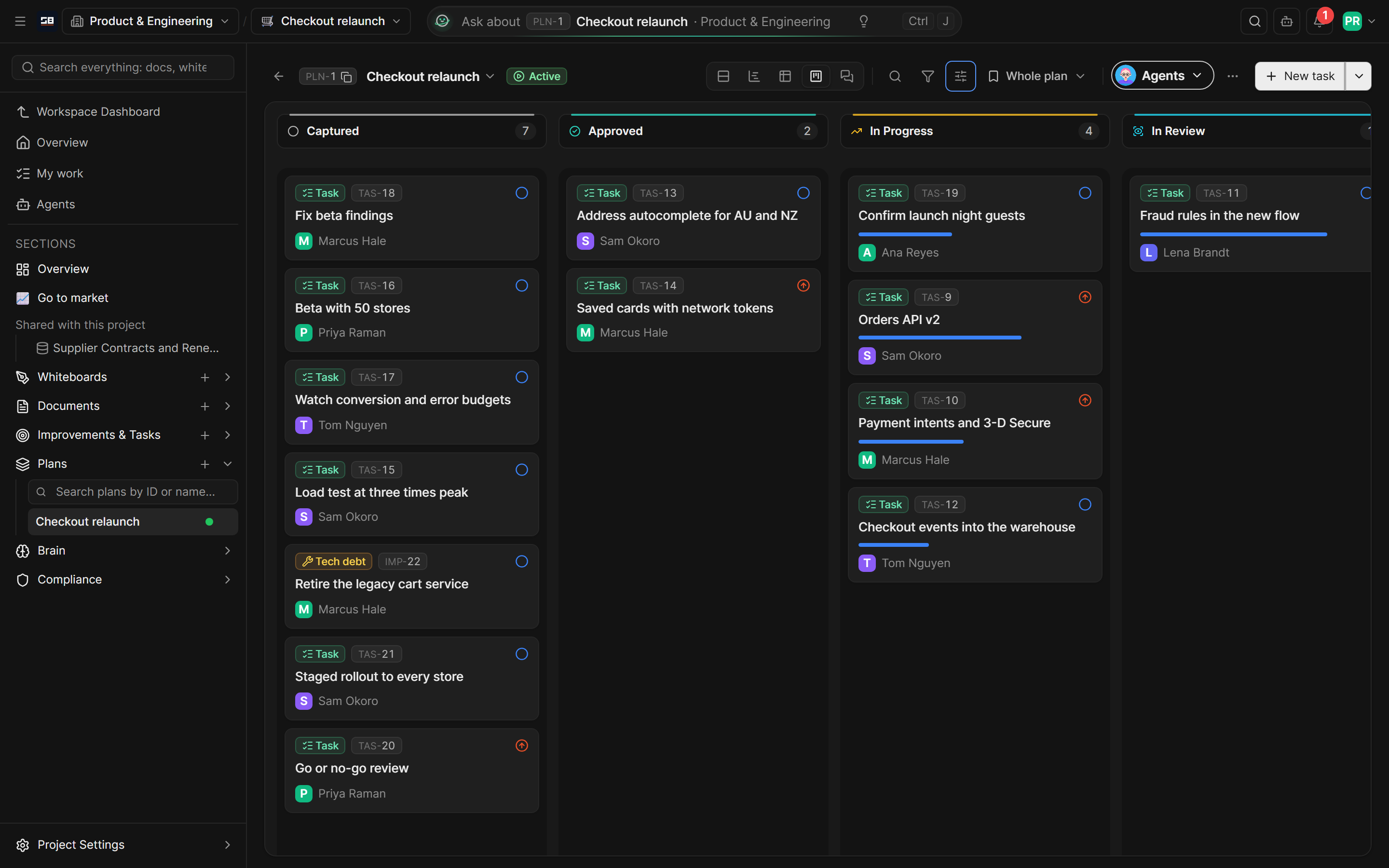 The same plan as a board, with a column of task cards for each status