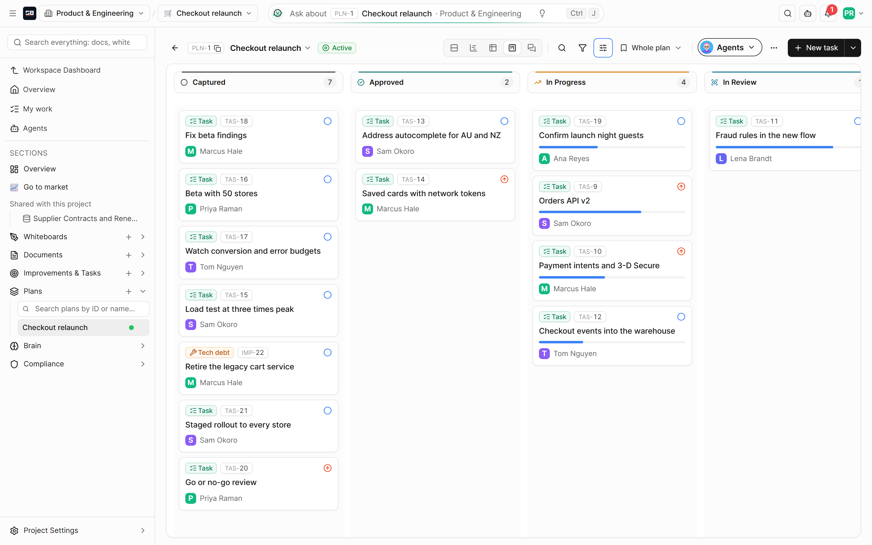 The same plan as a board, with a column of task cards for each status