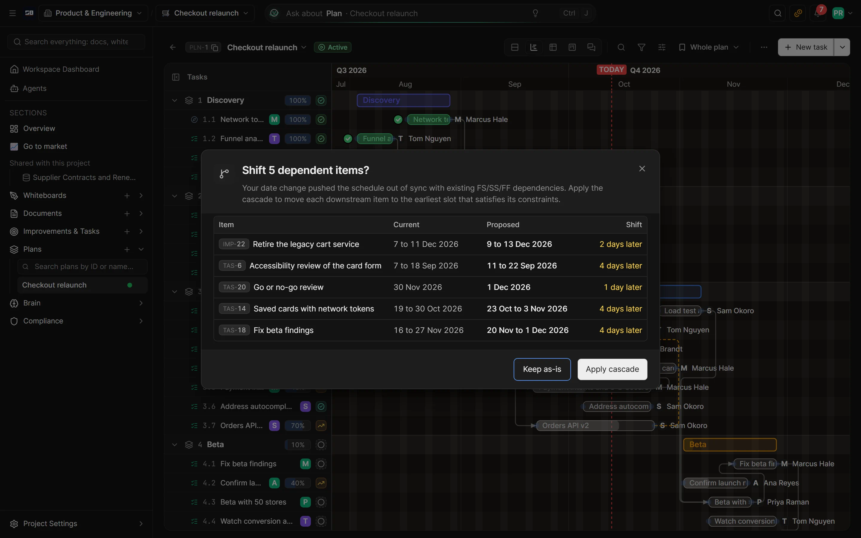 The prompt that appears after moving a task: each item that depends on it with its current and proposed dates and how far it would move, and buttons to apply the cascade or keep them as they are