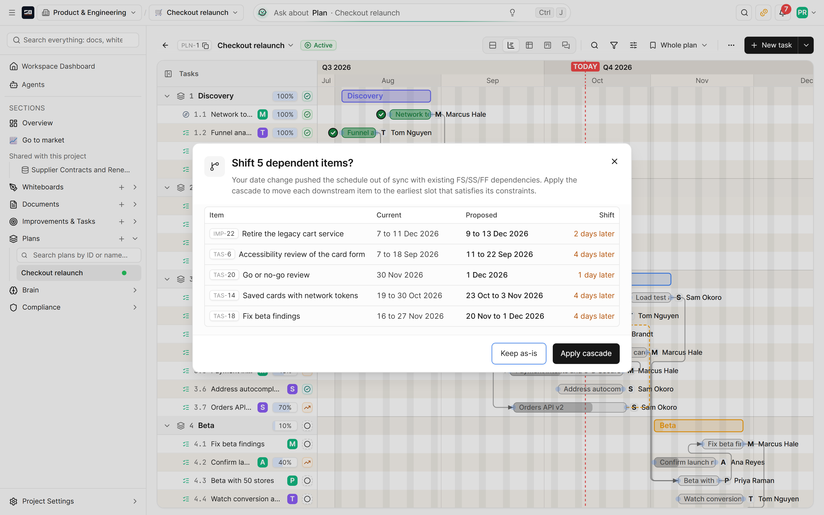 The prompt that appears after moving a task: each item that depends on it with its current and proposed dates and how far it would move, and buttons to apply the cascade or keep them as they are
