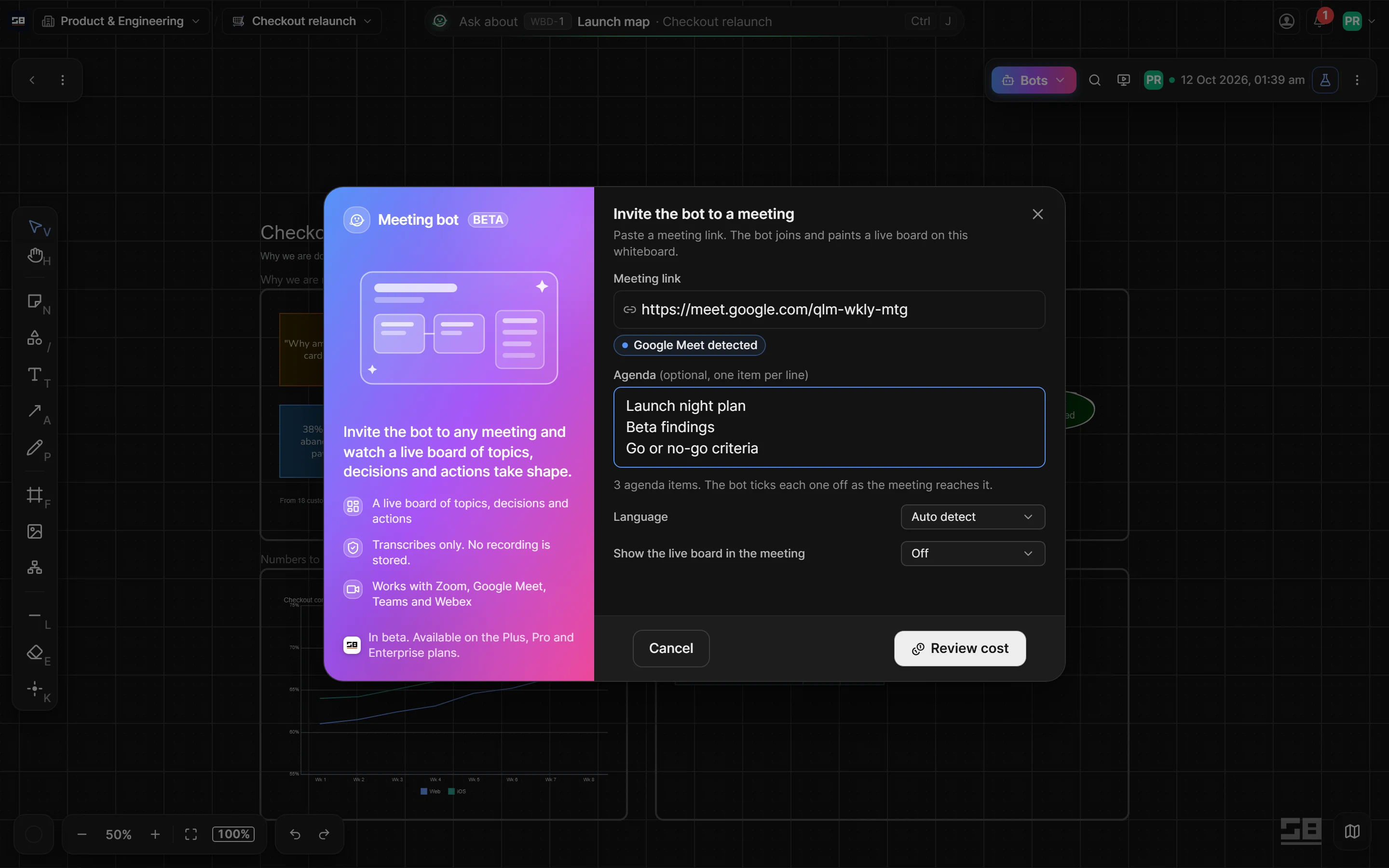 The invite dialog with the meeting link, an agenda, the language and how the meeting sees the board