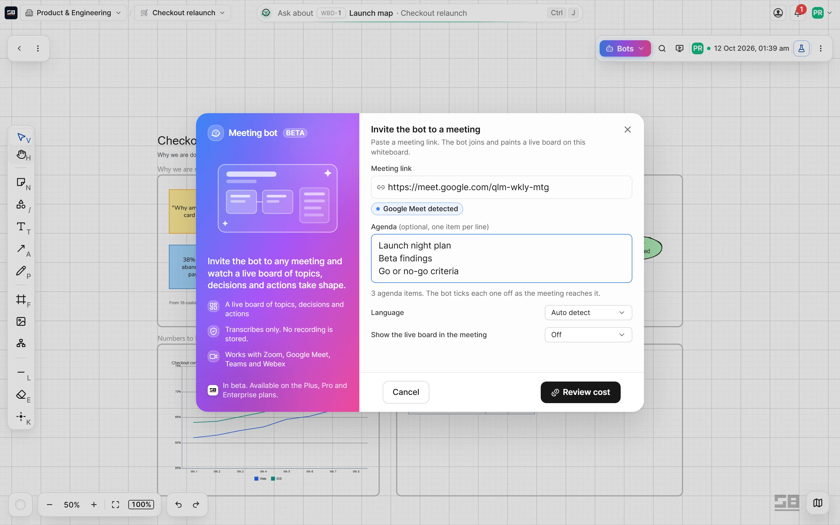 The invite dialog with the meeting link, an agenda, the language and how the meeting sees the board
