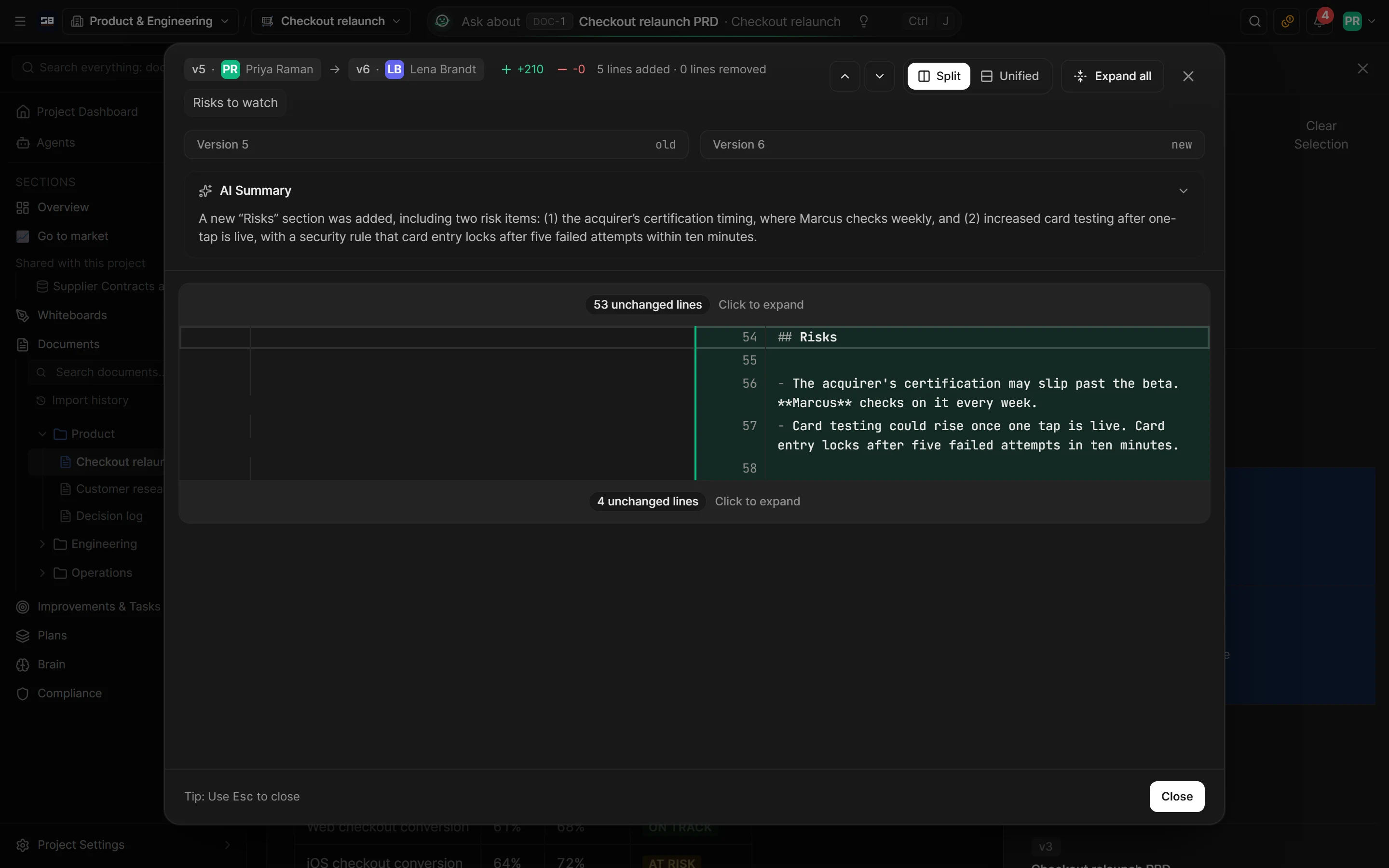 Two saves of a document compared side by side, with a short AI summary of what changed at the top