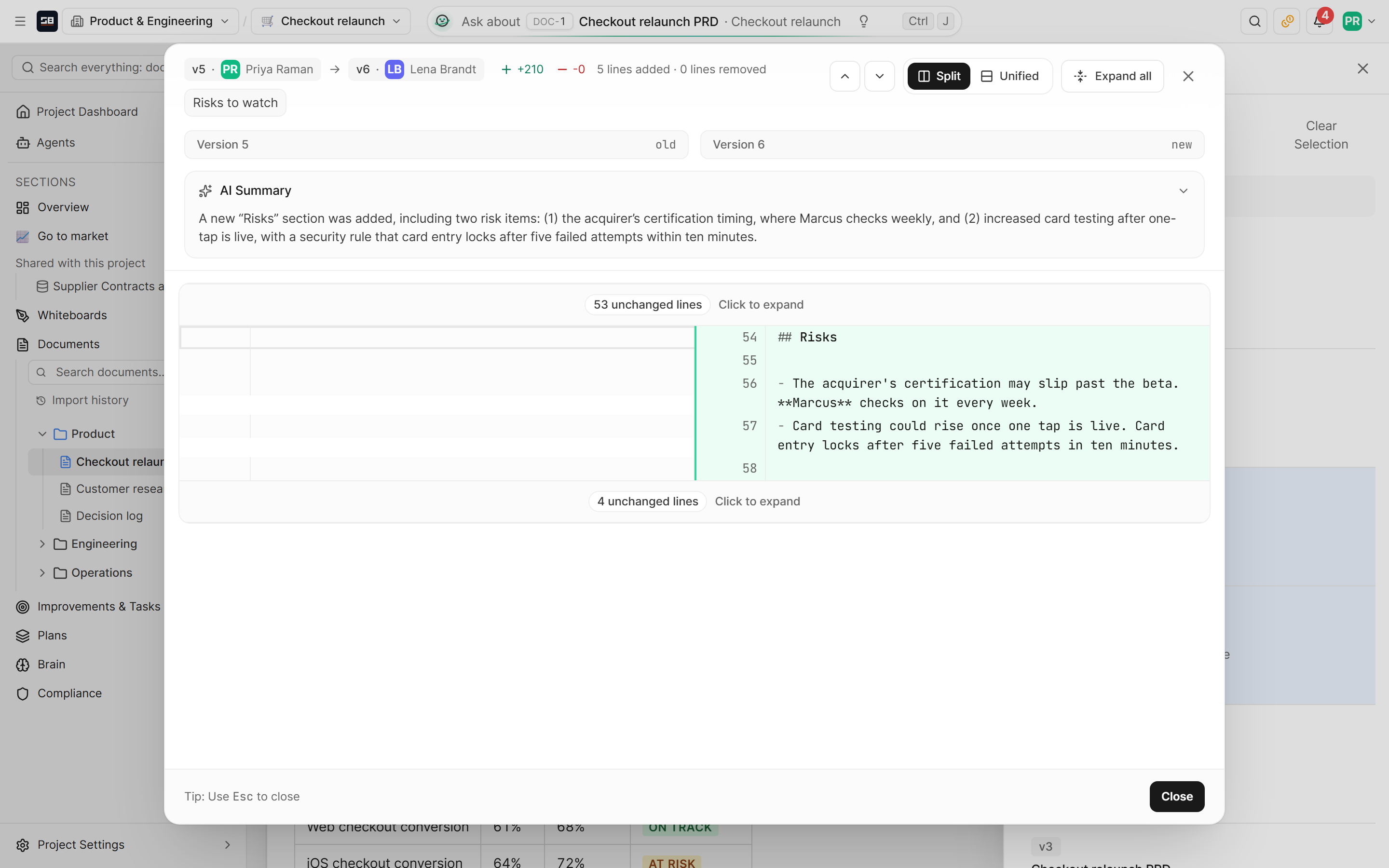 Two saves of a document compared side by side, with a short AI summary of what changed at the top