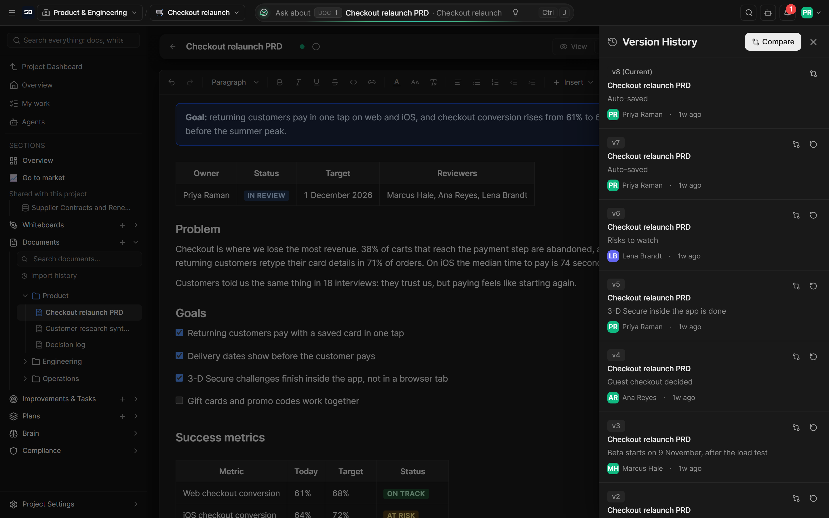 The version history panel beside a document, listing versions with who saved each and when
